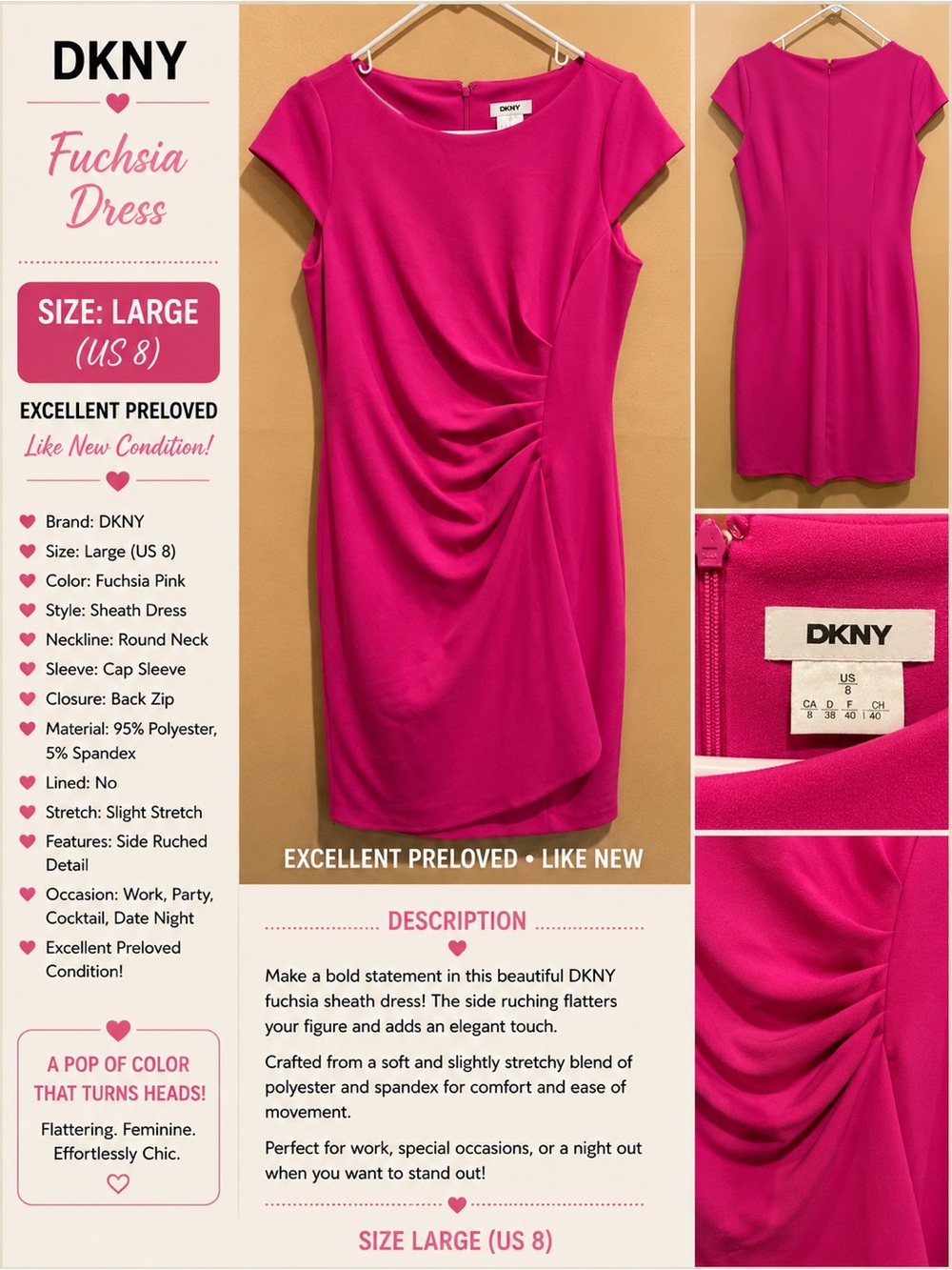 DKNY Fuchsia Pink Ruched Sheath Midi Dress